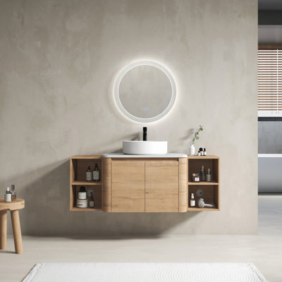 Meuble-lavabo mural 54 po avec lavabo d'art en céramique et 2 tablettes de rangement, 2 portes à fermeture douce, emballage KD, contreplaqué