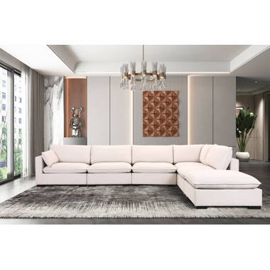 Sunset Trading - Cloud Puff 5 Piece Slipcovered Modular L Shaped Sectional  Sofa With Ottoman Performance White - SU-1458-81-3C-1A-1O