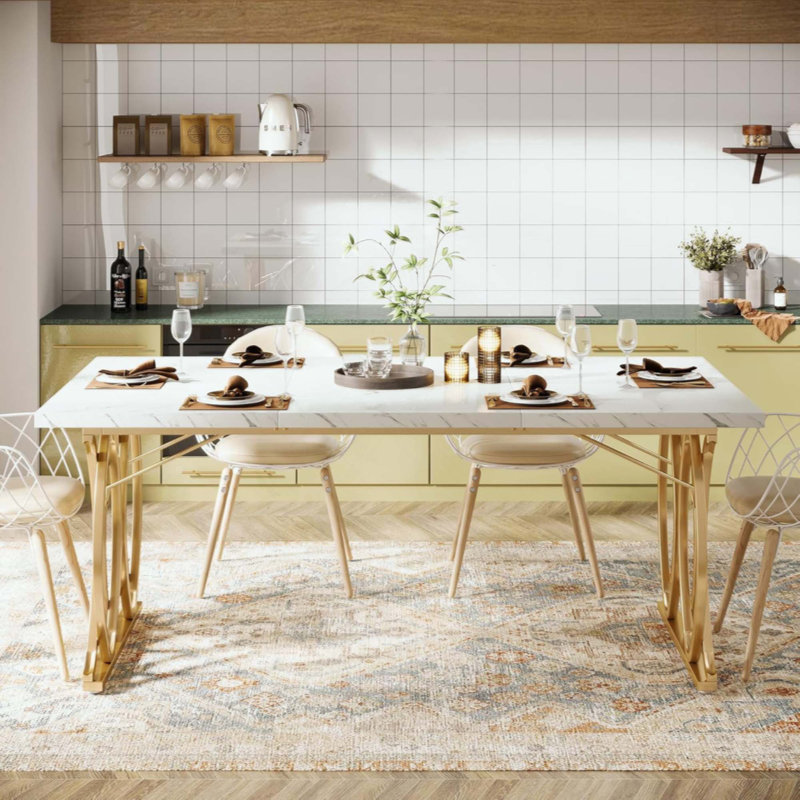 Grande table de salle à manger moderne en faux marbre pour 4 à 6 personnes