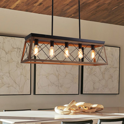 5-Light Farmhouse Chandeliers For Dining Room, Metal Rustic Pendant Island Light Fixture, Modern Rectangular Island Lights For Kitchen, Living Room (No Bulbs)