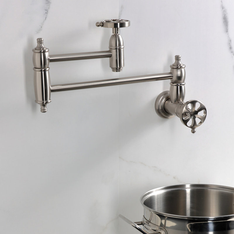 Kingston Brass Belknap Two-Handle 1-Hole Wall Mount Pot Filler Faucet, Brushed Nickel