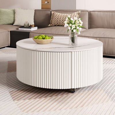 Table basse ronde mobile avec roulettes et 2 tiroirs