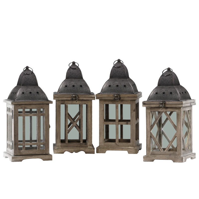 Wood Tabletop Lantern, 16" H x 6.75" W x 6.75" D, Dark Brown