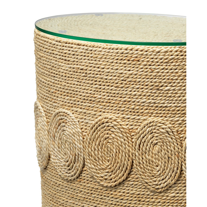 Hand-Woven Corn Straw Round Side Table with Glass Top