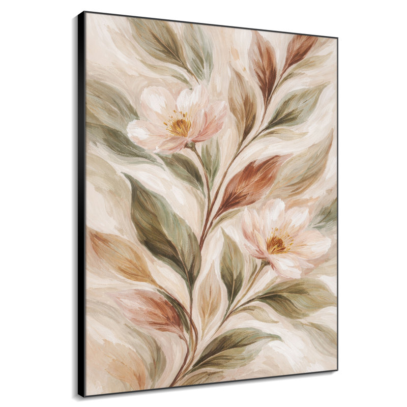 Très grande reproduction d'art sur toile - Rosé et crème avec un feuillage vert chaud pour le salon - «Assemblage requis du cadre (cadre non fini)»