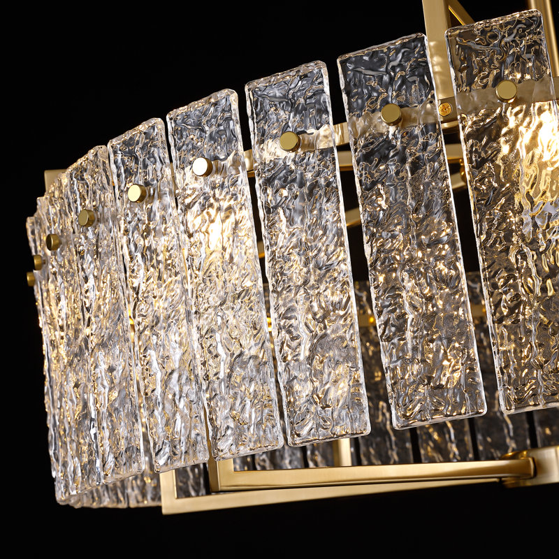 Lustre tambour 6 lumières avec verre texturé Friedhardt, H 10,6 po x l 31,5 po x P 31,5 po, Doré