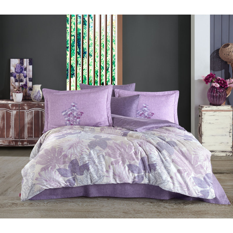 Luxurious Satin Double Quilt Cover Set, 100% Cotton, Lilac & White/Purple, Duvet Cover 78.7 x 86.6 in, Flat Sheet 94.5 x 102.4 in, 4 Pillowcases 19.7 x 27.6 in | Machine Washable, 210 Thread Count, Elegant & Soft Touch