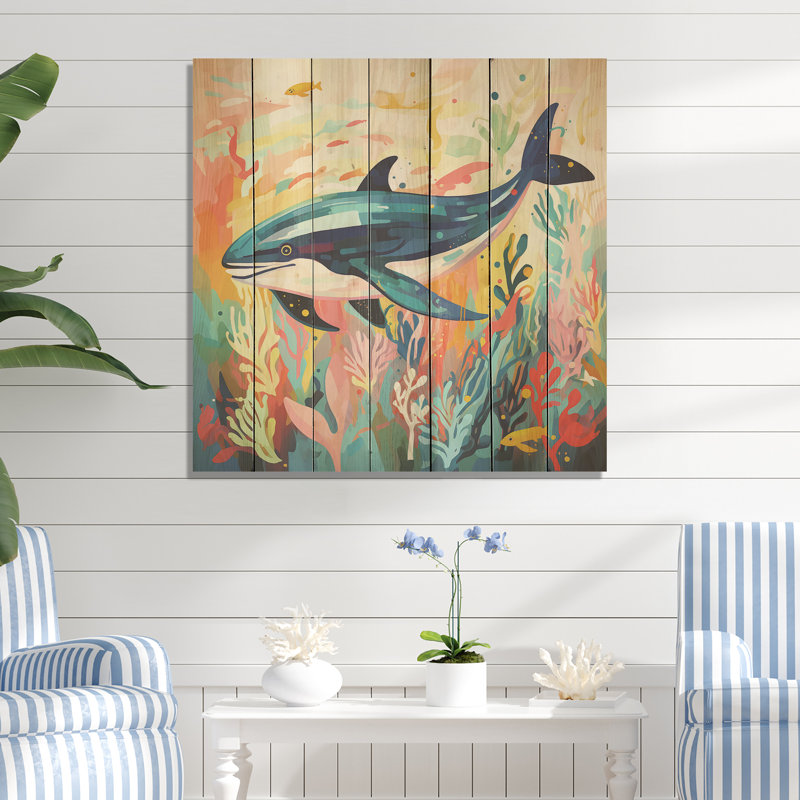 Impression d'une baleine colorée sous l'eau majestueuse - baleine sur bois, H 15 po x l 15 po