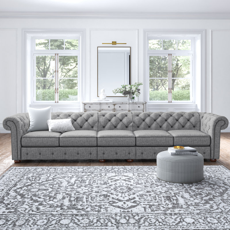 Canapé Chesterfield à accoudoirs roulés en lin 141,2 po Huskins, Lin gris étain