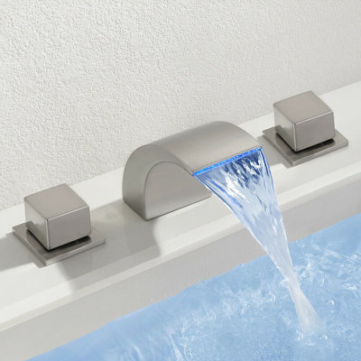 Arlennart Widespread Waterfall Bathroom Faucet - Double Handle LED Color Changing Curved Spout for Vessel Sink