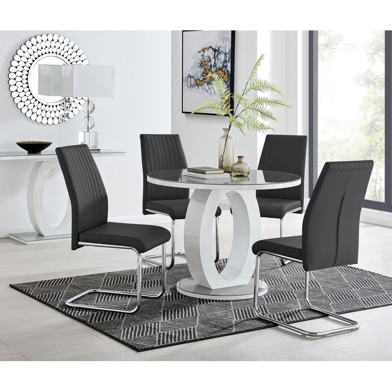 Scottsmoor Modern Halo Seat Round Dining Table Set - 4 Modern Sleek Dining Chairs, Grey, 75Cm H x 100Cm W x 100 Cm D, Black