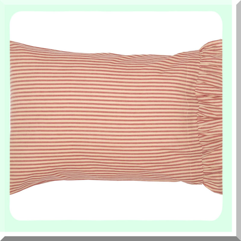Farmhouse Stripe Cotton Pillowcase Set - Red Country Standard Bedding Accessory, Sawyer Mill Ticking, 21x30 Dimensions
