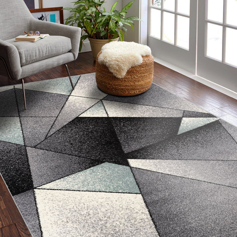 Rug Branch Nour 8' x 11' (7'9" x 10'6") Grey/Blue Geometric Indoor Area Rug, Contemporary, Medium Pile, Stain-Resistant Carpet - Living Room, Bedroom, Dining Room, and Kitchen