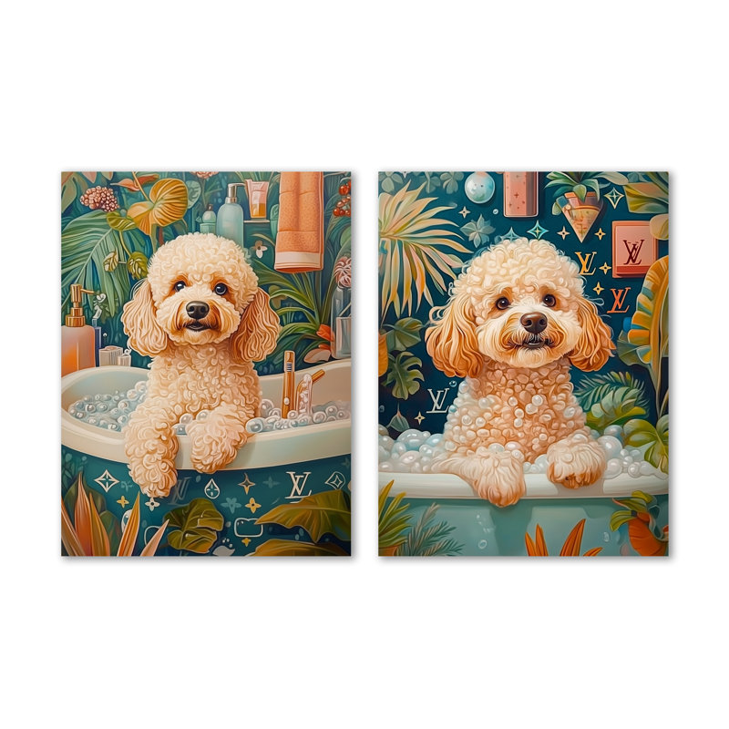 «Poodle Dog Bath Time Bubbles I - Blue Pet», ensemble de 2 reproductions d'art mural en métal, 32" H x 48" W