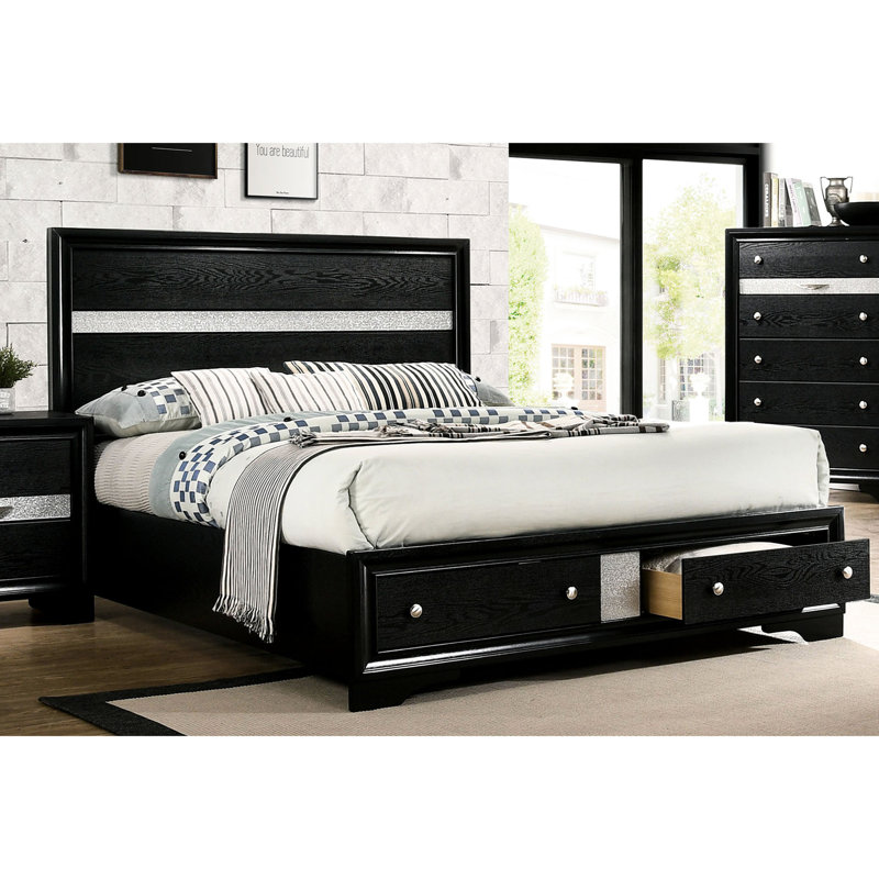 Grand lit en bois massif avec rangement noir, ensemble moderne Temptation Black