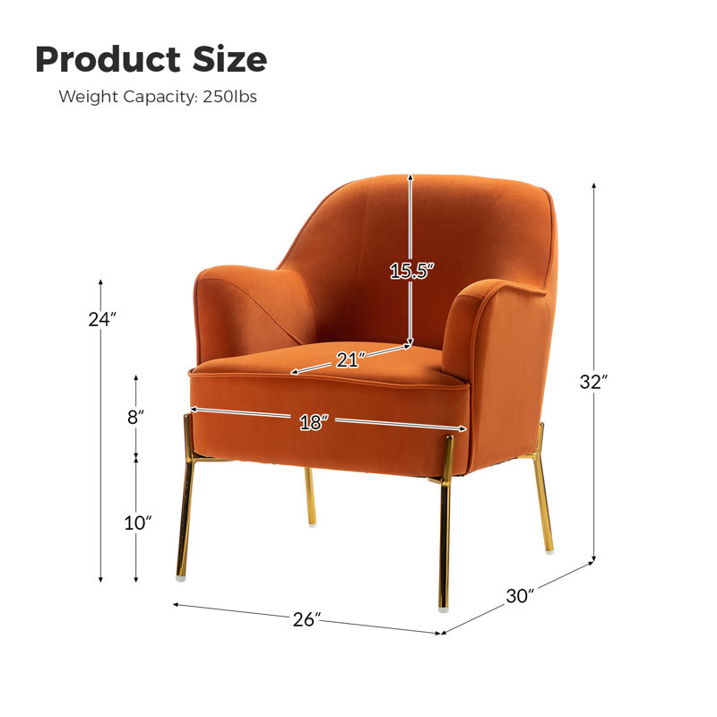Chaise contemporaine Cleo de 26 po de largeur avec accoudoirs encastrés, Velours orange