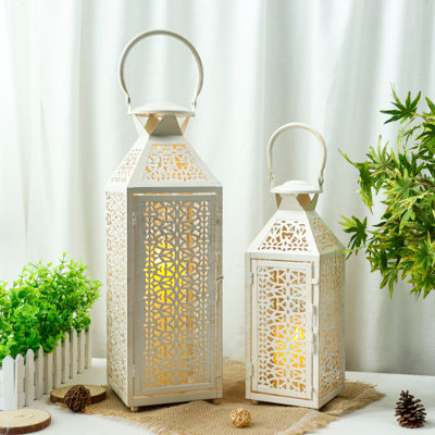  Set of 2 Vintage Decorative Candle Lanterns 19"&14''H Moroccan Metal Candle Holders