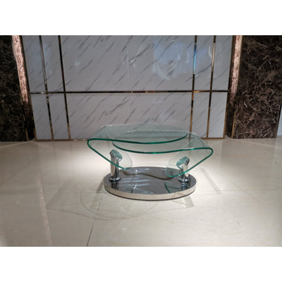 30" Clear And Silver Glass And Metal Oval Abstract Coffee Table