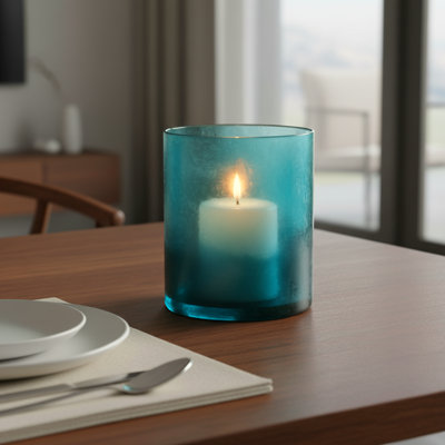 Decorative Round Hurricane Candle Holder with Frosted Bottom Style - Modern Glass Pillar Candlestick Holder for Tabletop Accent - Blue & Frost