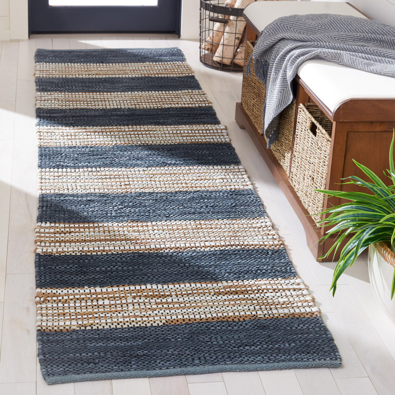 Gered Vintage Leather Hand Woven Leather/Jute Striped Rug in Dark Gray/Brown, Runner 2'3" x 9'