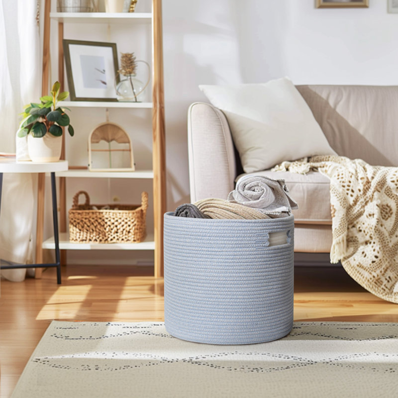 Panier de rangement rond en corde de coton tissé à la main, panier décoratif tissé de 15 po avec poignées pour une organisation à domicile raffinée