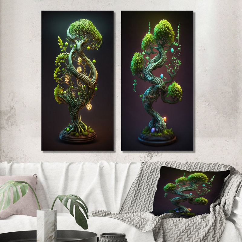«Neon Bonsai Swirl Tree II», 2 pièces, Toile tendue, H 40 po x l 40 po