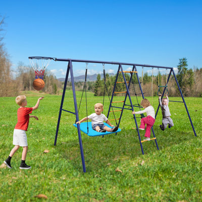 Ensemble de balançoire 6 en 1 avec échelle d'escalade, filet d'escalade, barre de trapèze, balançoire hamac, balançoire à ceinture, panier de basketball pour cour arrière