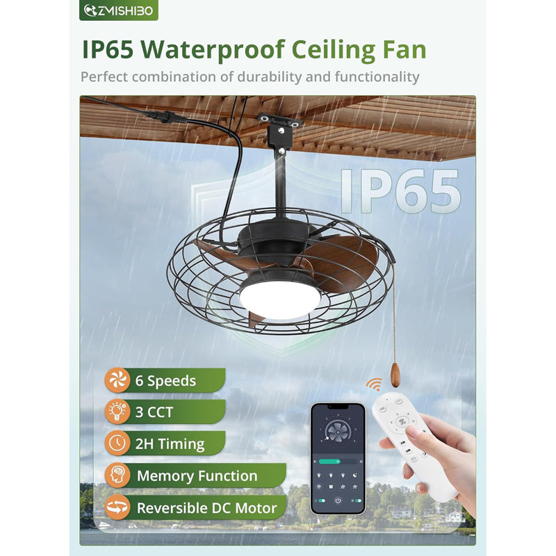 Outdoor Ceiling Fans With Light For Patios, Waterproof Gazebo Fan With Remote Control Smart App,3CCT Dimmable,Plug In Caged Ceiling Fan With Pull Chain For Porch Pergola Canopy