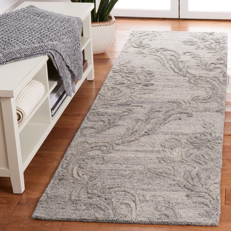 Tapis floral gris en laine / coton touffeté à la main Floral, Tapis de couloir 2 pi 3 po x 8 pi