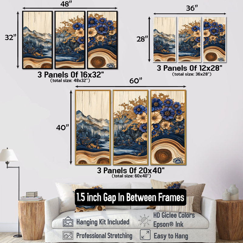 Fleurs aqua bleuet et paysage de forêt en bois II - Art mural sur toile bleuet - ensemble de 3, H 40 po x l 60 po
