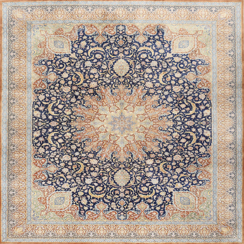 Tapis décoratif bleu clair/vert clair oriental ellise, Rond 4 pi