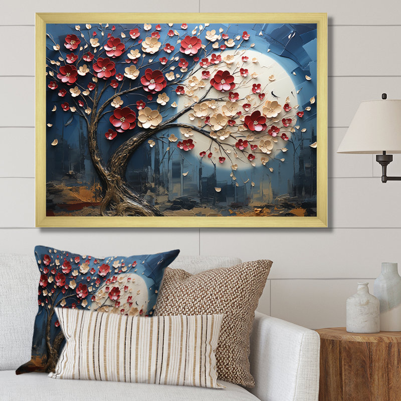 Fleur rouge et or au clair de lune beauté I - arbre, art mural, Cadre doré à coins fermés, H 12 po x l 20 po x P 1 po