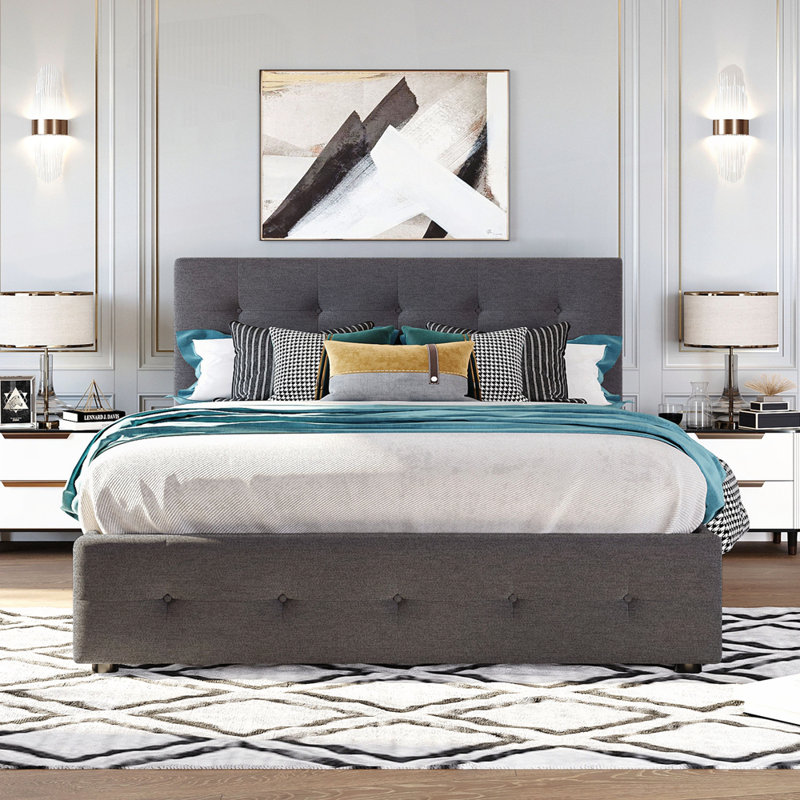Grand lit plateforme tapissier avec tiroirs de rangement et gigogne simple TG, tissu en lin, sans sommier tapissier - gris foncé
