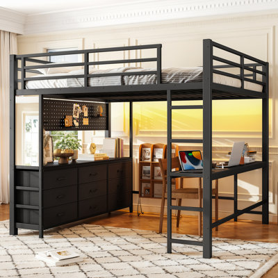 Lit mezzanine grand format avec bureau, tiroirs, lampe à DEL, port USB, miroir, cadre de lit mezzanine robuste pour adolescents et adultes, noir