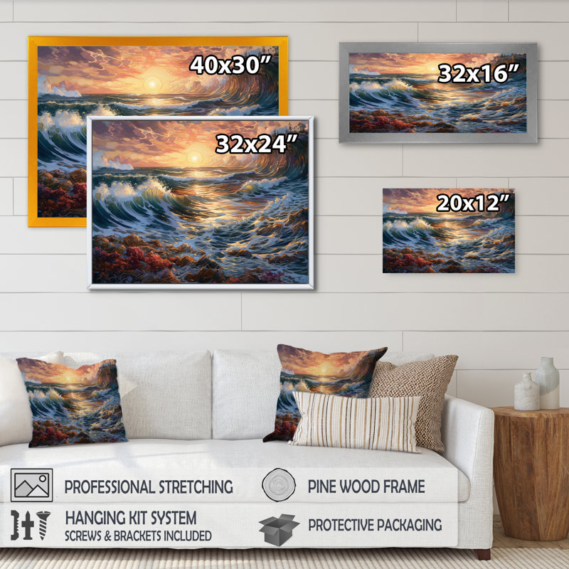 Golden Blue Majestic Waves III sur toile, H 12 po x l 20 po x P 1 po, Cadre photo noir