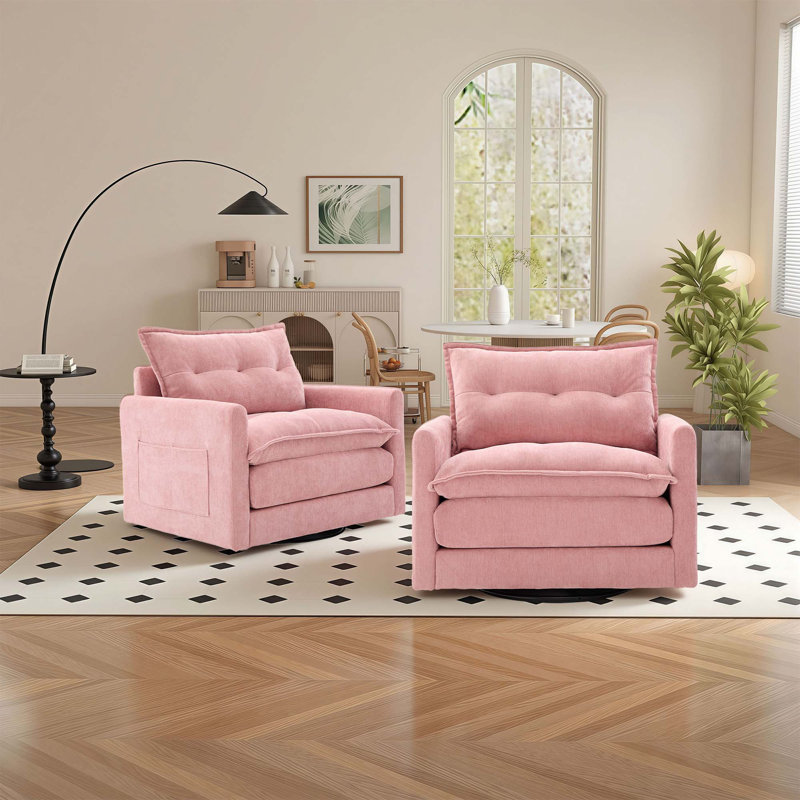 36" Chenille Upholstered Single Swivel Chair, Pink
