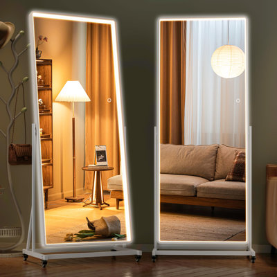 Full-body Rolling Mirror with LED Lights and Wheels, 71" x 24" Home Gym Mirrors with 360° Rotation, Dimmable & 3 Color Lighting Cloakroom, Tempered Glass & Metal Frame, Use for Bedroom, Dance Studio
