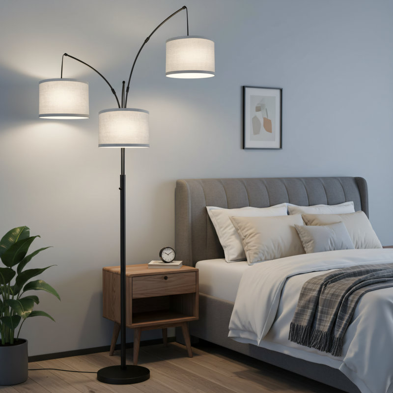 Dimmable Three-Bulb Curved Floor Lamp With Modern, Tall Tree-Shaped Design. Gray Linen Lampshade + Sturdy Base. Includes Three 1000-Lumen LED Bulbs. Suitable For Living Rooms, Bedrooms, And Offices.