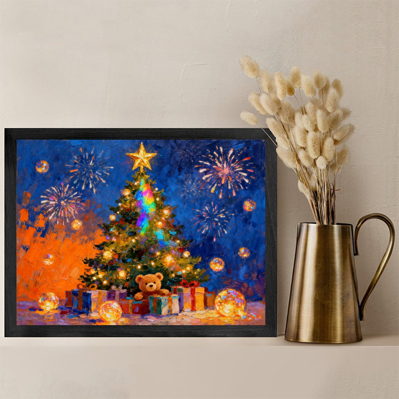 Arbre de Noël noir encadré noir et cadeaux, reproduction d'art de style rétro, H 9 po x l 11 po