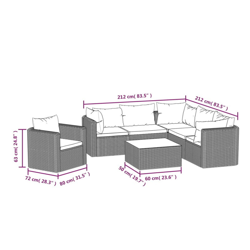 Fayana 9 Piece Lounge Chair with Cushions, 3x Corner + 2x Middle + Armchair + Table