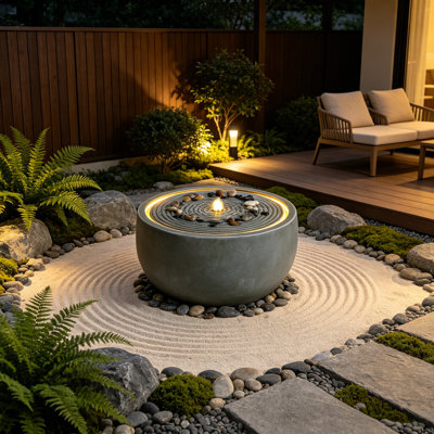 Outdoor Water Fountain with Warm LED Lights, 12.2" Resin Round Garden Fountain