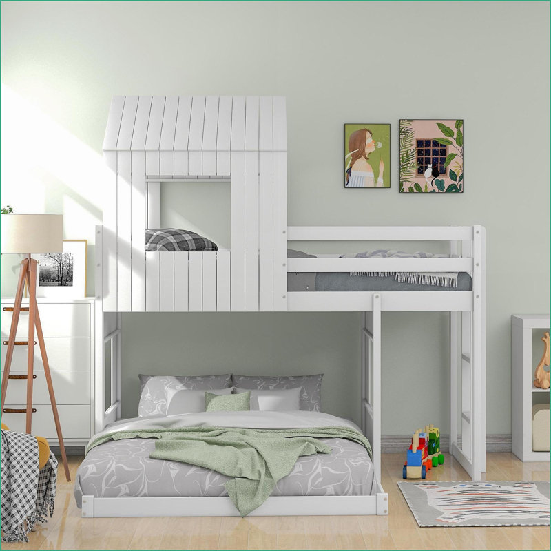 Twin Over Full Wooden Bunk Bed with Playhouse, Adjustable Lower Bed Position, Farmhouse Style, White/Gray/Antique Gray