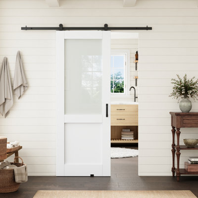 32" x 80" White Primed Prefinished Half-Lite Frosted Glass And Solid Core Standard Slab Door With Top Mounted Black Barn Door Hardware Kit For Pantry