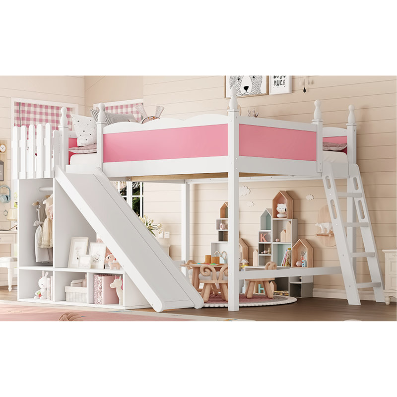 Grand lit mezzanine avec tablettes de rangement, garde-robe, glissade amovible et pin, blanc rose, mobilier de chambre à coucher facile à installer