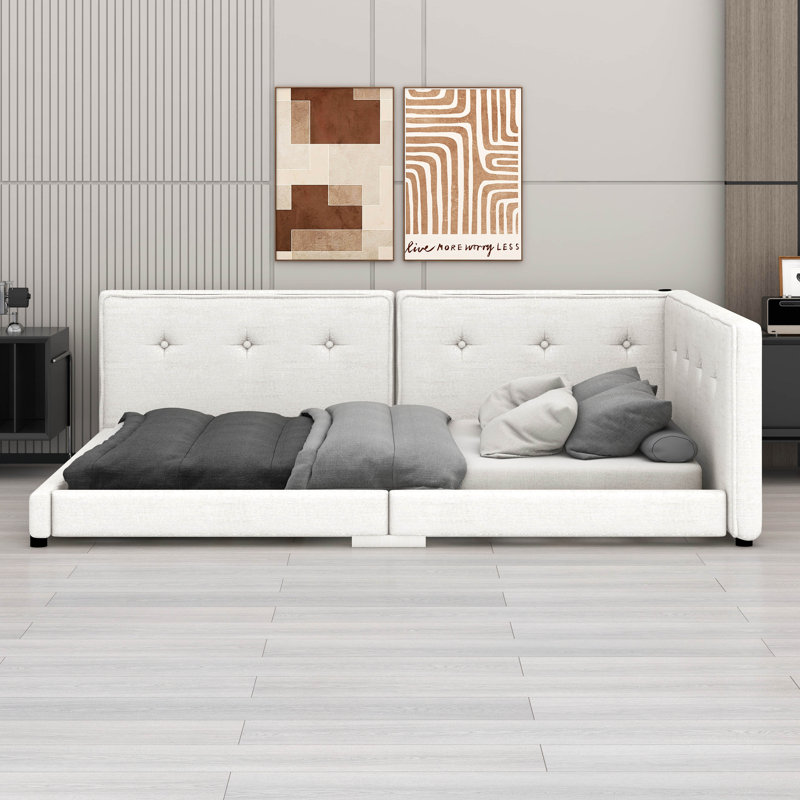 Grand lit plateforme tapissier beige avec port USB, Grand lit
