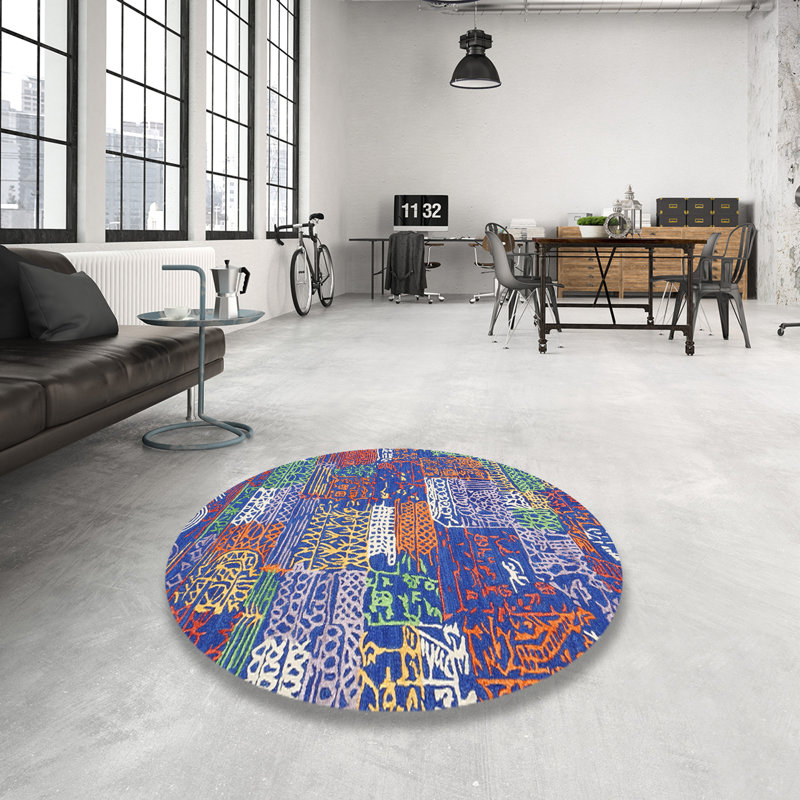 Tapis bleu/orange/vert zone contemporaine, Rond 5 pi