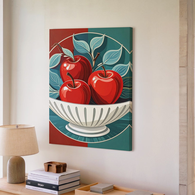 Toile, art populaire bol de pomme, décoration de fruits rouges avec feuilles bleues, art mural prêt à accrocher