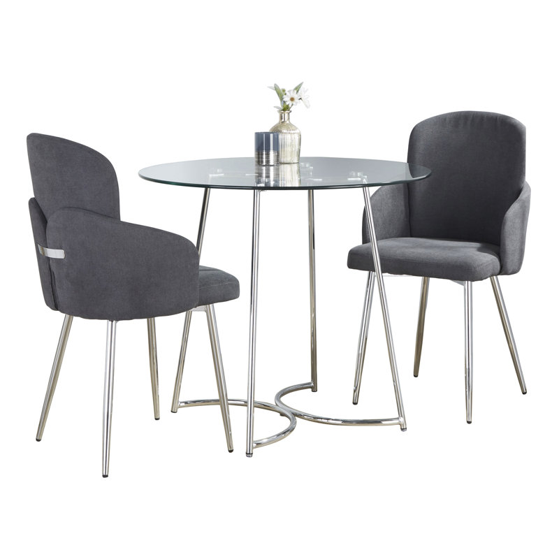 Chrome and Clear Glass Dining Set with Grey Fabric Chairs - 3 Piece