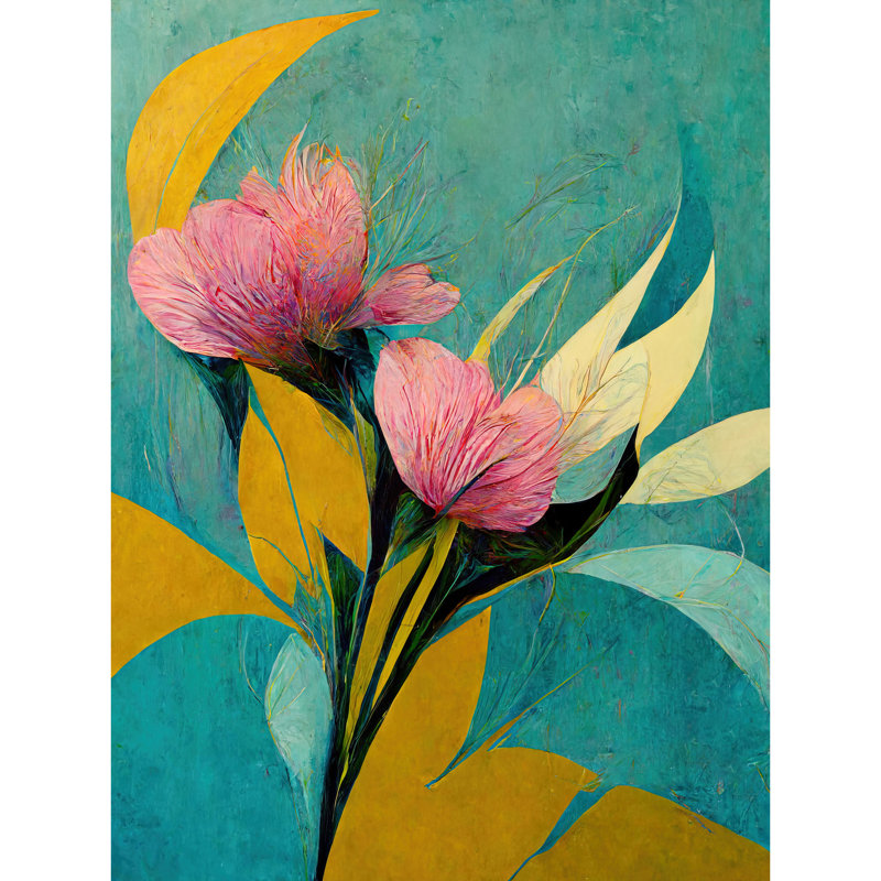 Abstract Floral Teal Pink Mustard Flower - Print, 40.5cm H x 30.5cm W x 0.2cm D, Unframed