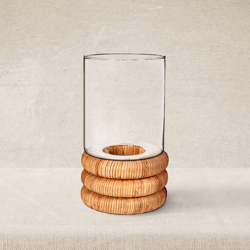 Glass Hurricane Vase With Woven Rattan Base, 13" H x 7.5" W x 7.5" D